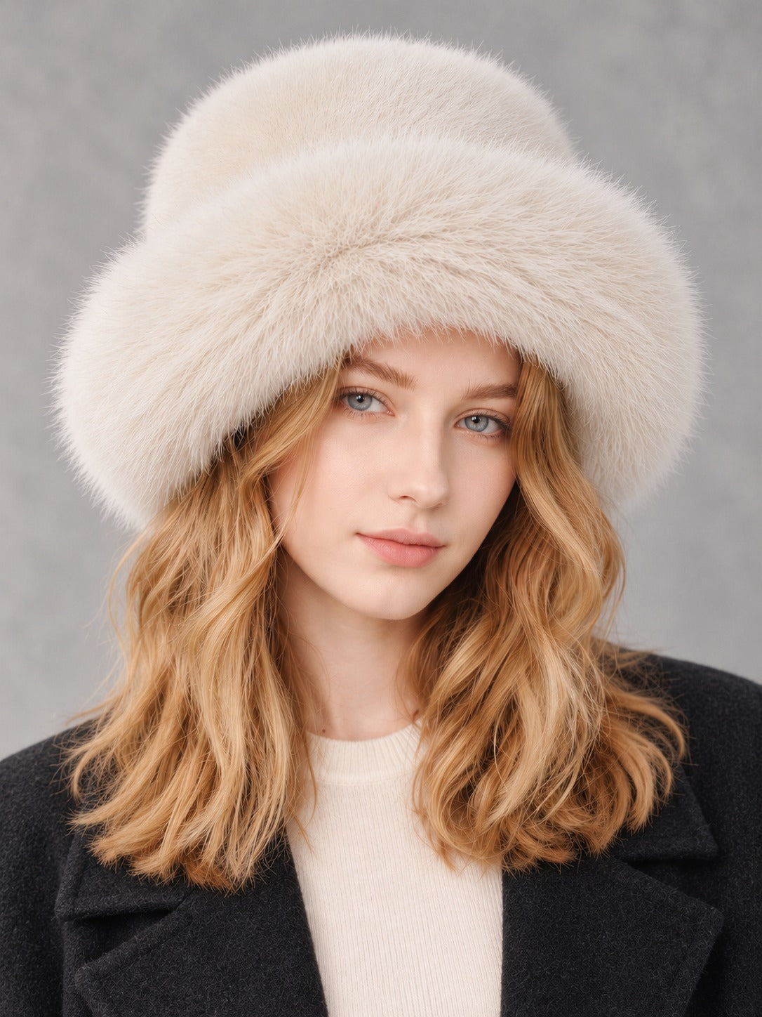 Faux Fur and Knit Bucket Hat in White (Faux Fur), front view