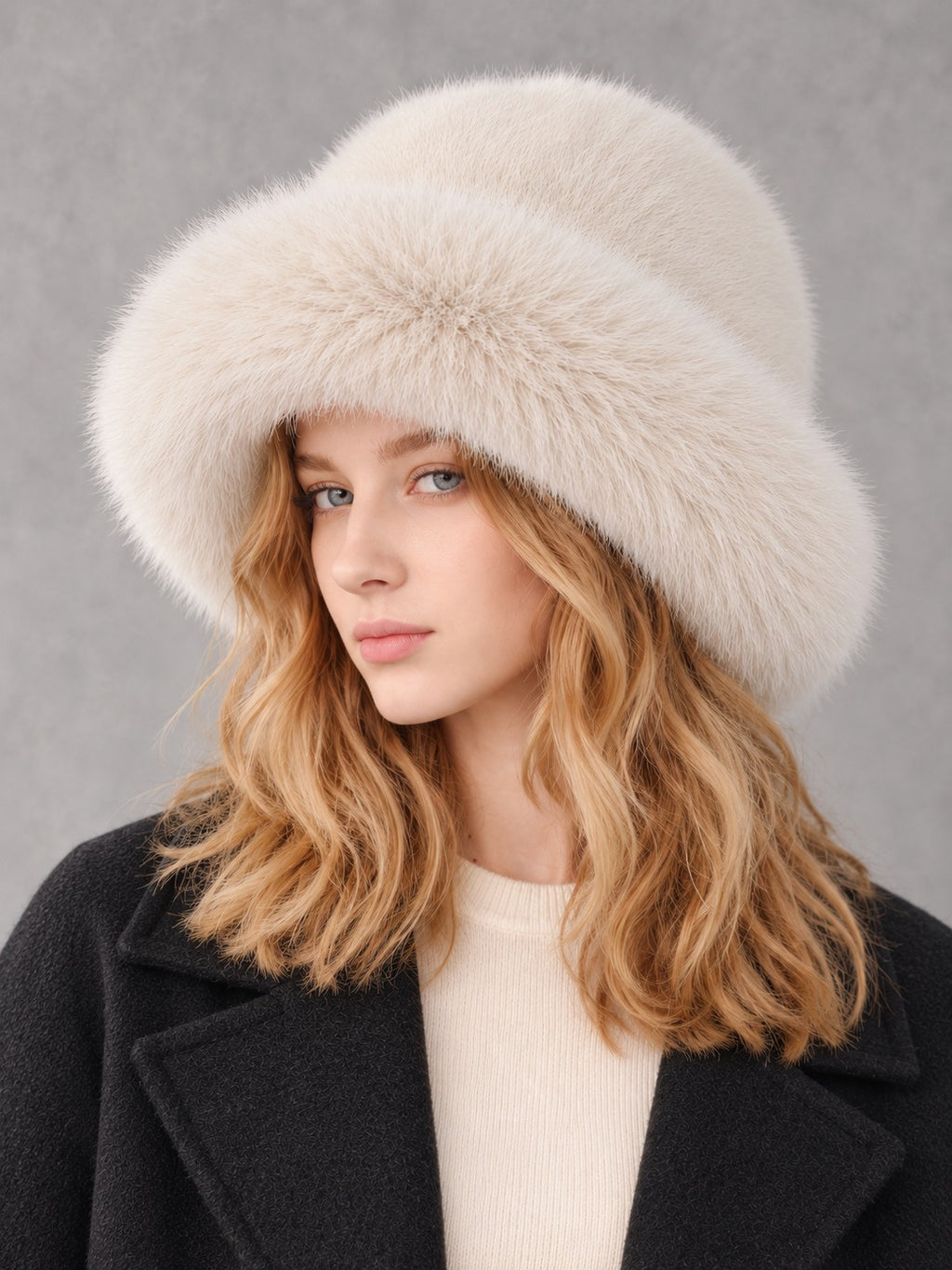 Faux Fur and Knit Bucket Hat in White (Faux Fur), side view