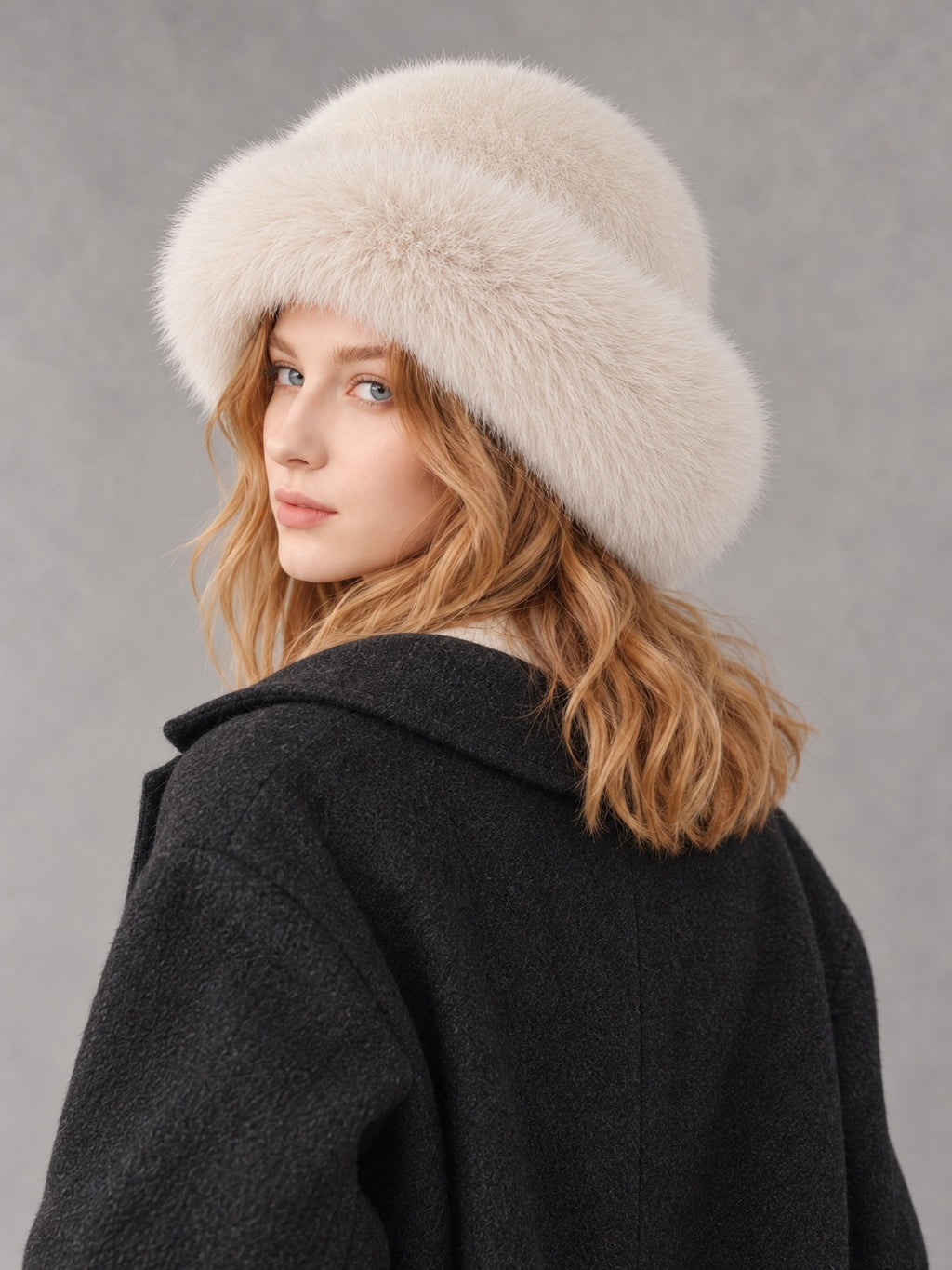 Faux Fur and Knit Bucket Hat in White (Faux Fur), back view