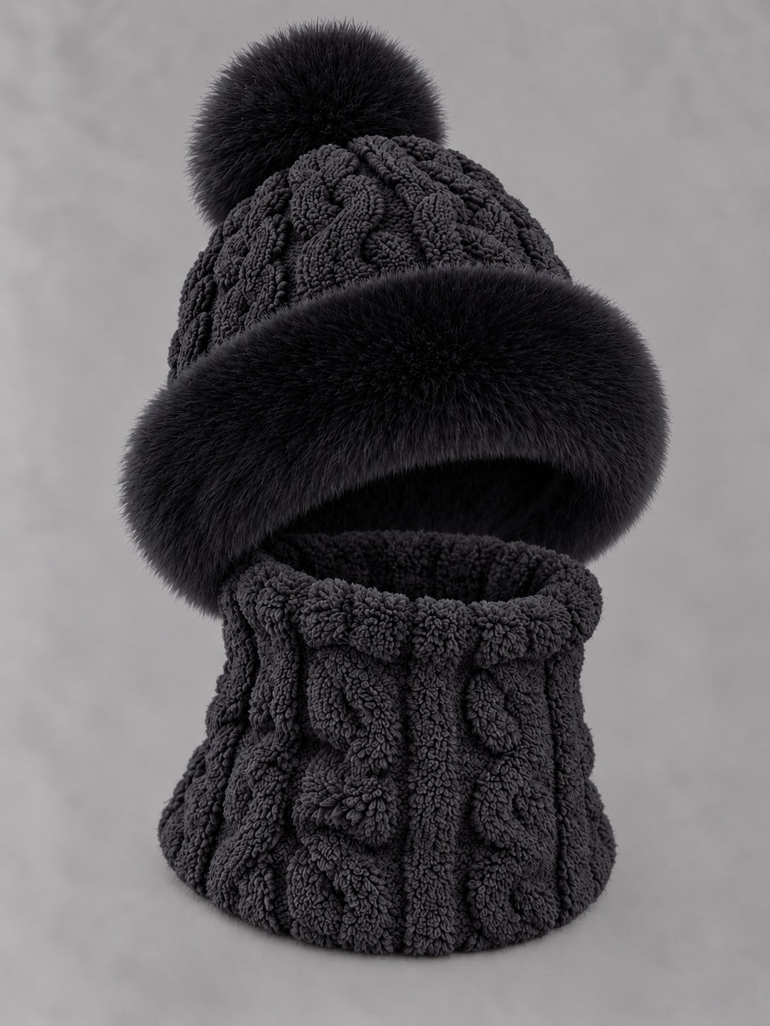Faux Fur and Knit Bucket Hat in Black (Twist Knit), product only