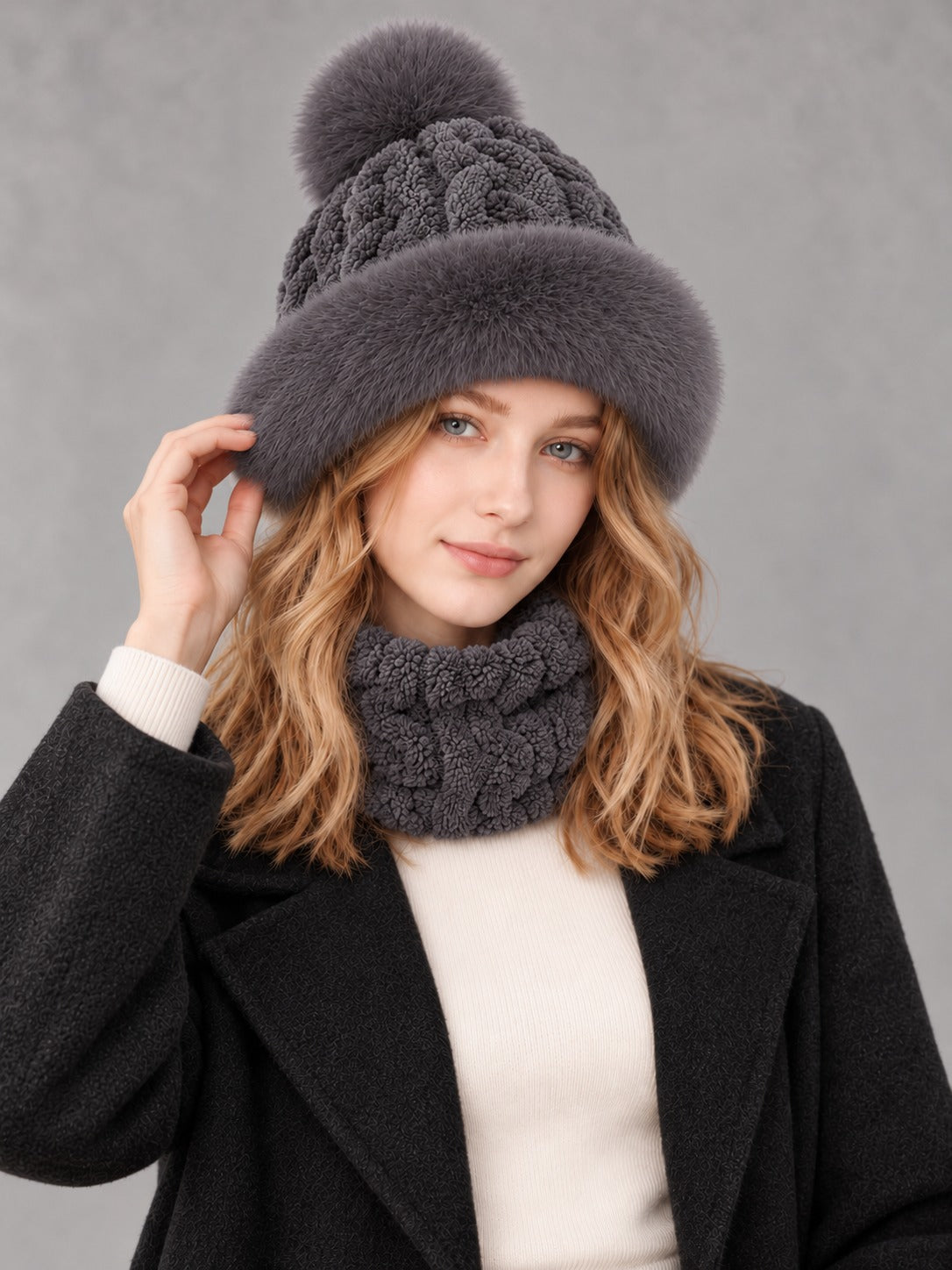 Faux Fur and Knit Bucket Hat in Dark Gray (Twist Knit), styled on model