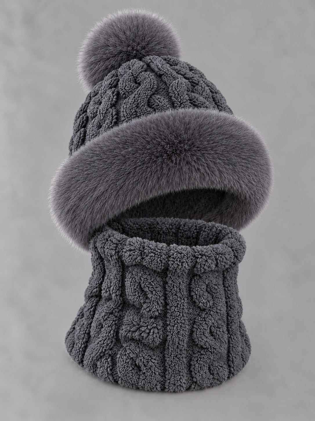 Faux Fur and Knit Bucket Hat in Dark Gray (Twist Knit), product only