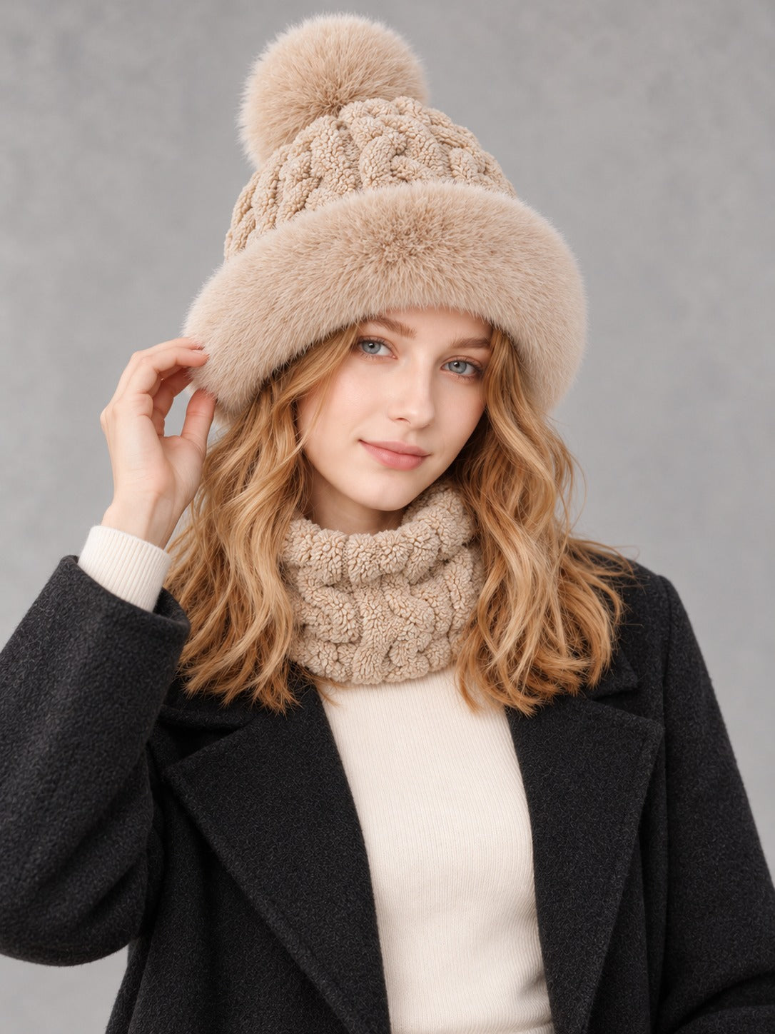 Faux Fur and Knit Bucket Hat in Khaki (Twist Knit), styled on model