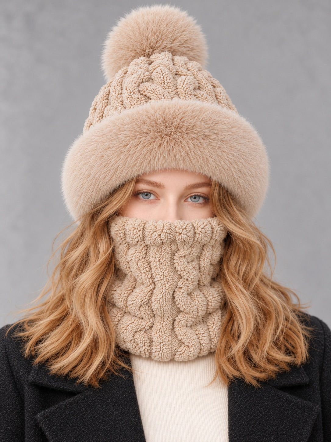 Faux Fur and Knit Bucket Hat in Khaki (Twist Knit), front view