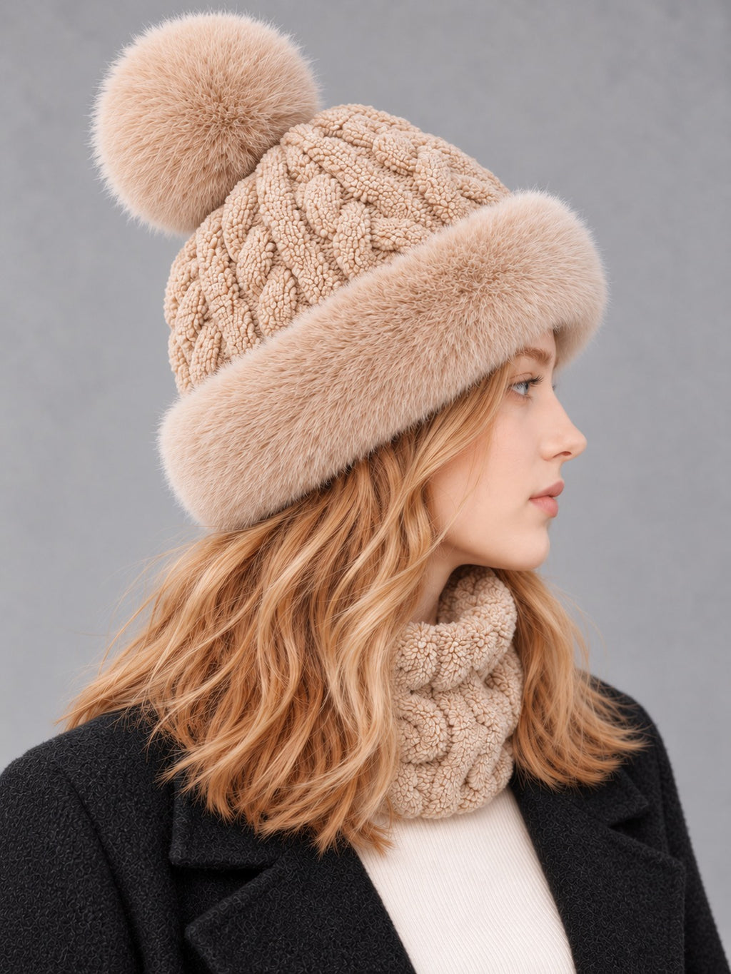Faux Fur and Knit Bucket Hat in Khaki (Twist Knit), side view