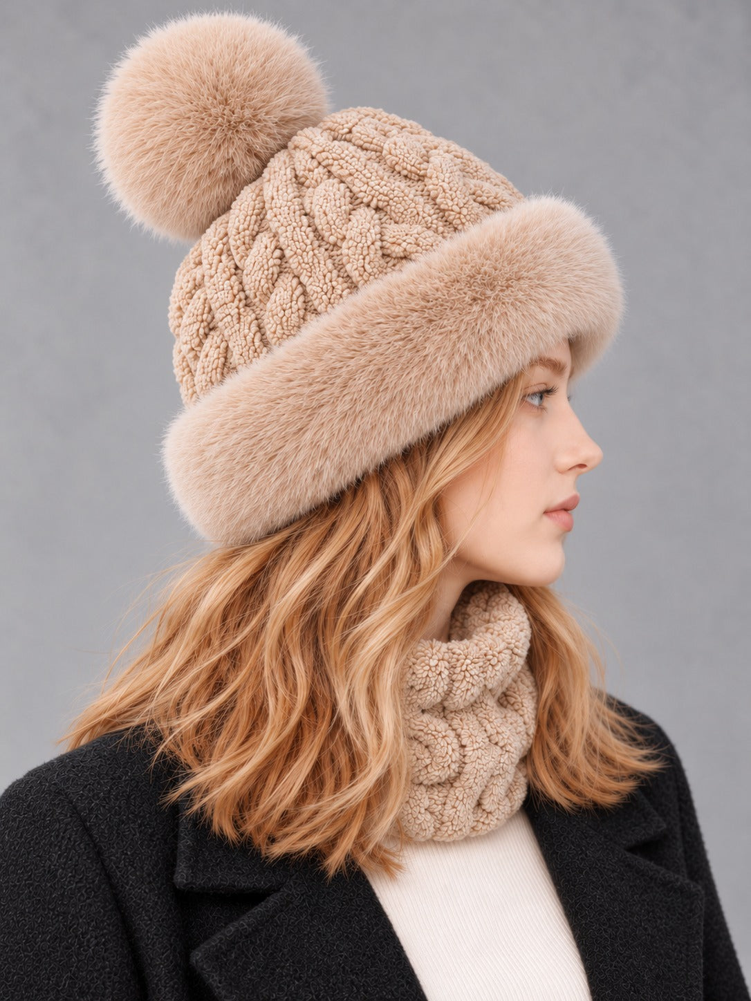 Faux Fur and Knit Bucket Hat in Khaki (Twist Knit), side view