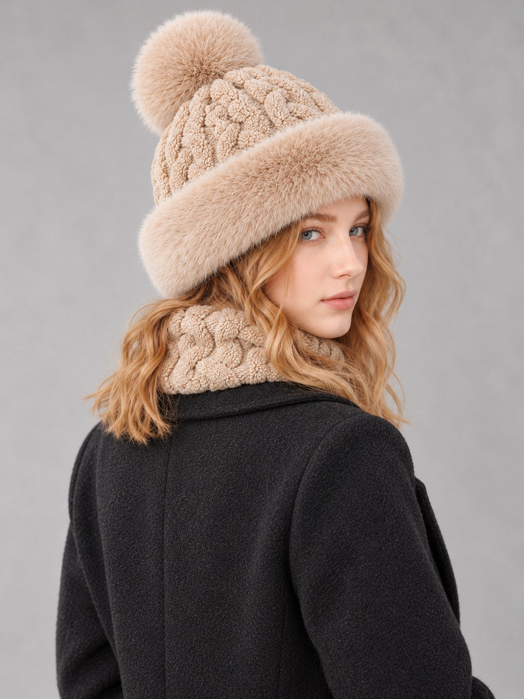 Faux Fur and Knit Bucket Hat in Khaki (Twist Knit), back view
