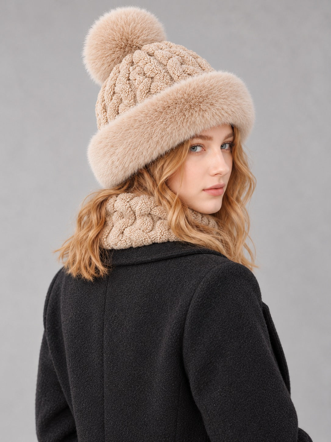 Faux Fur and Knit Bucket Hat in Khaki (Twist Knit), back view