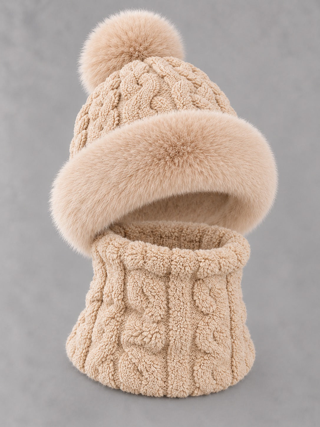 Faux Fur and Knit Bucket Hat in Khaki (Twist Knit), product only