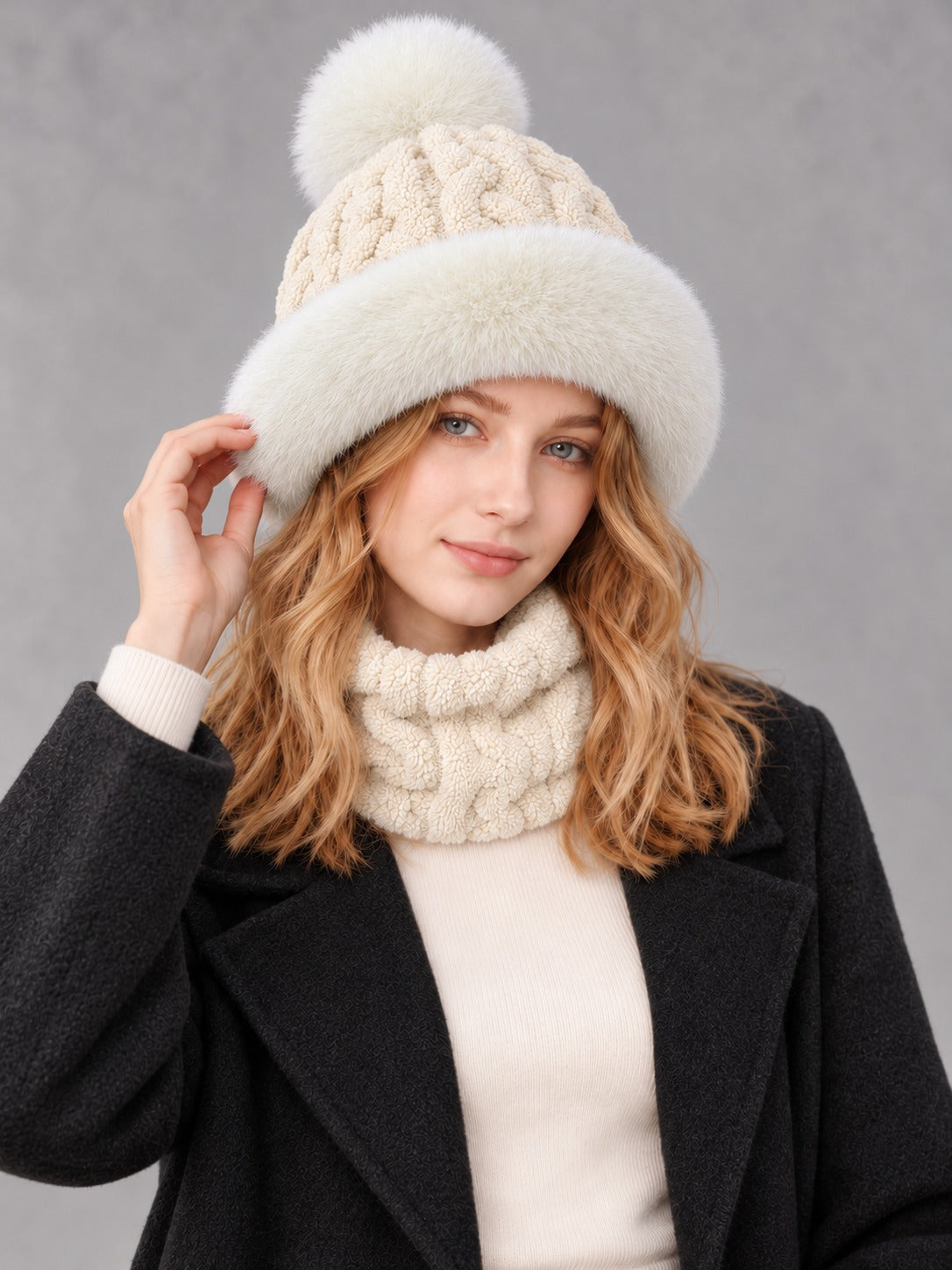 Faux Fur and Knit Bucket Hat in Off-White (Twist Knit), styled on model