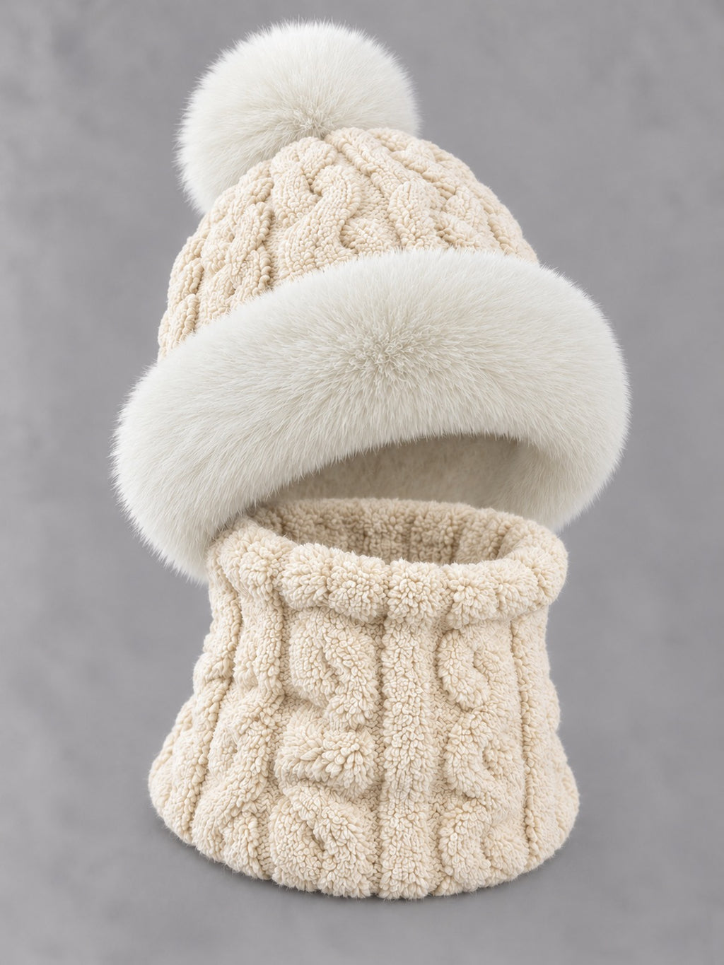 Faux Fur and Knit Bucket Hat in Off-White (Twist Knit), product only