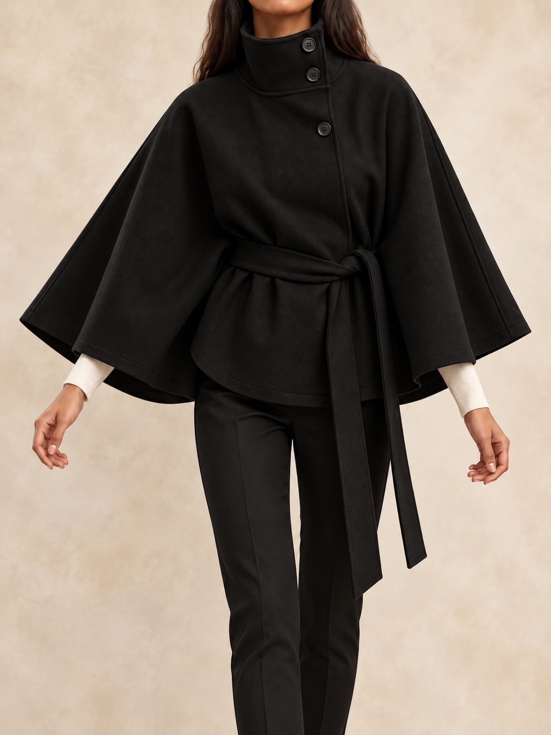 Belted Trench Coat with Cape in Black, front view