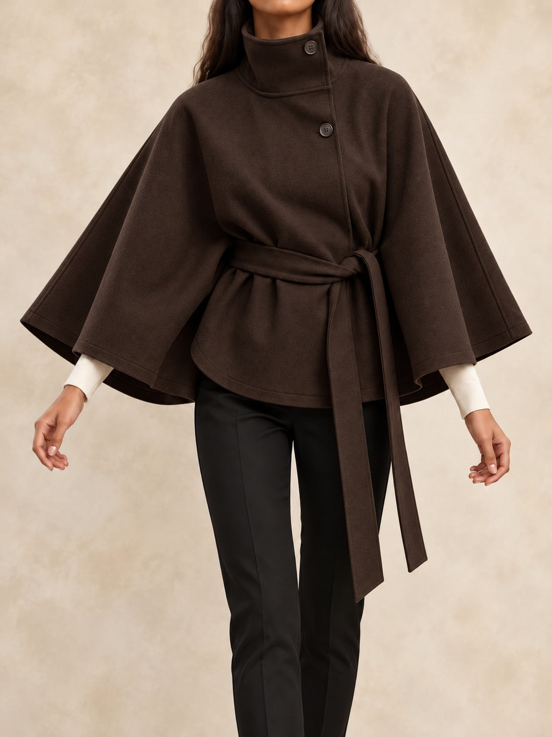 Belted Trench Coat with Cape in Coffee, front view