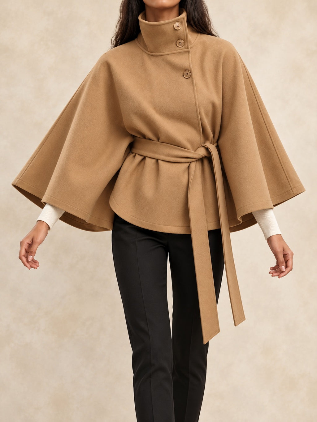 Belted Trench Coat with Cape in Khaki, front view