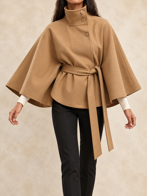 Belted Trench Coat with Cape in Khaki, front view