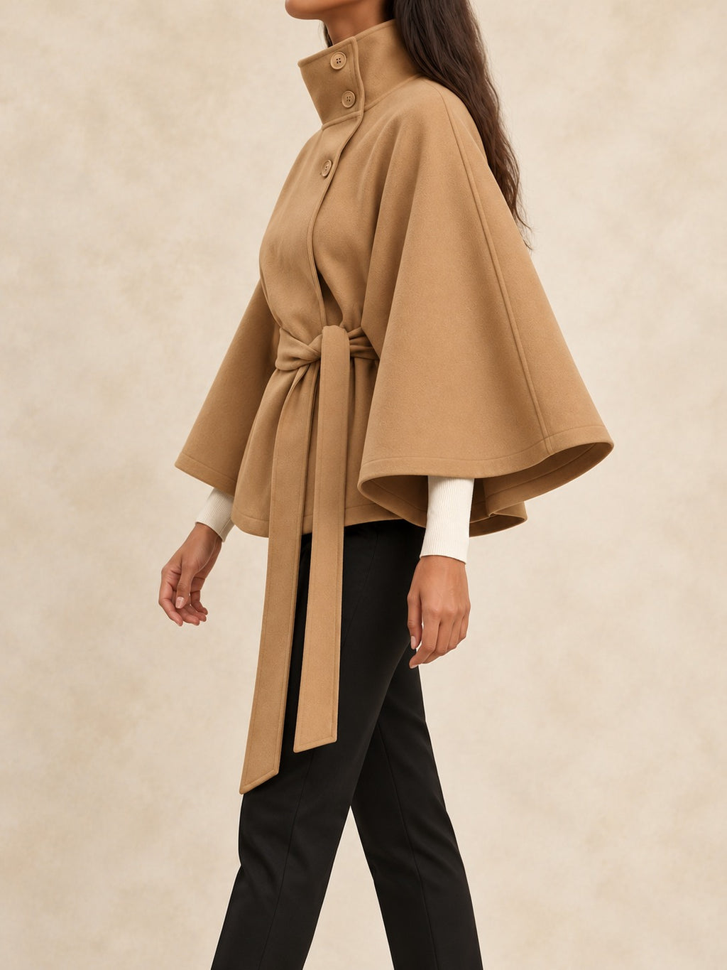 Belted Trench Coat with Cape in Khaki, side view