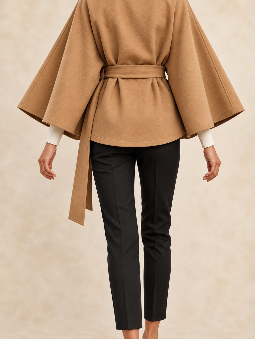 Belted Trench Coat with Cape in Khaki, back view