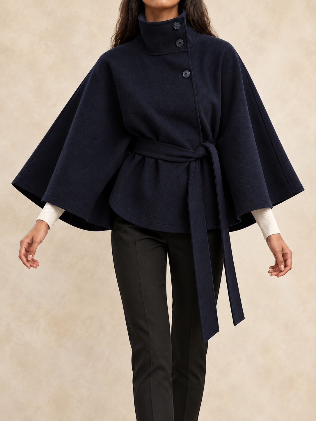Belted Trench Coat with Cape in Navy Blue, front view