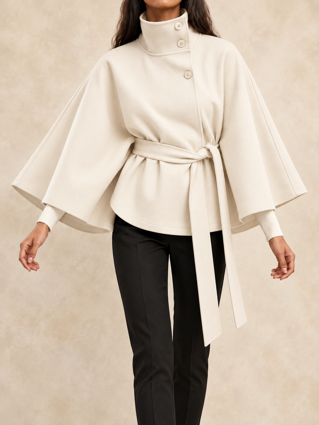 Belted Trench Coat with Cape in White, front view