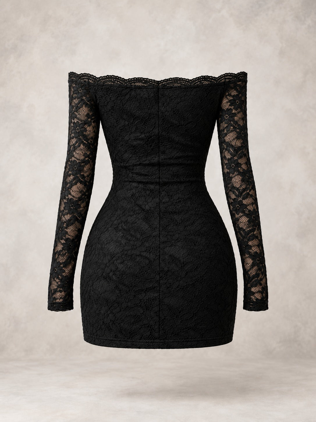Black Off-Shoulder Lace Mini Dress in Black, back view