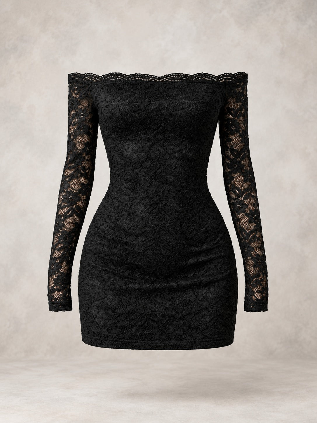 Black Off-Shoulder Lace Mini Dress in Black, product only