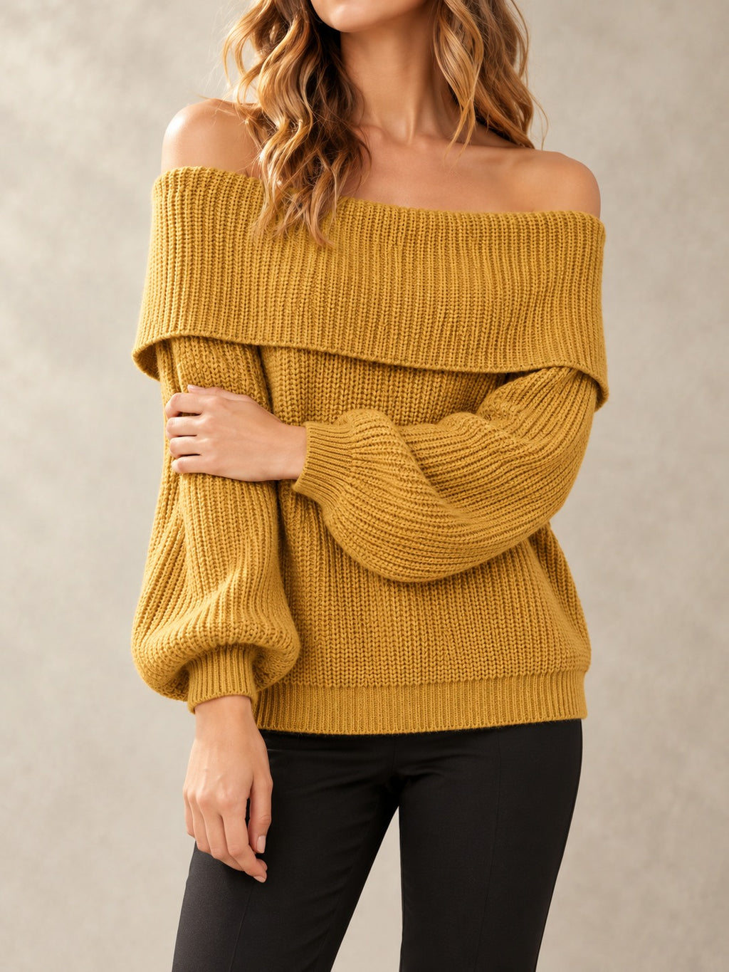Off-the-Shoulder Knit Sweater in Dark Yellow, front view