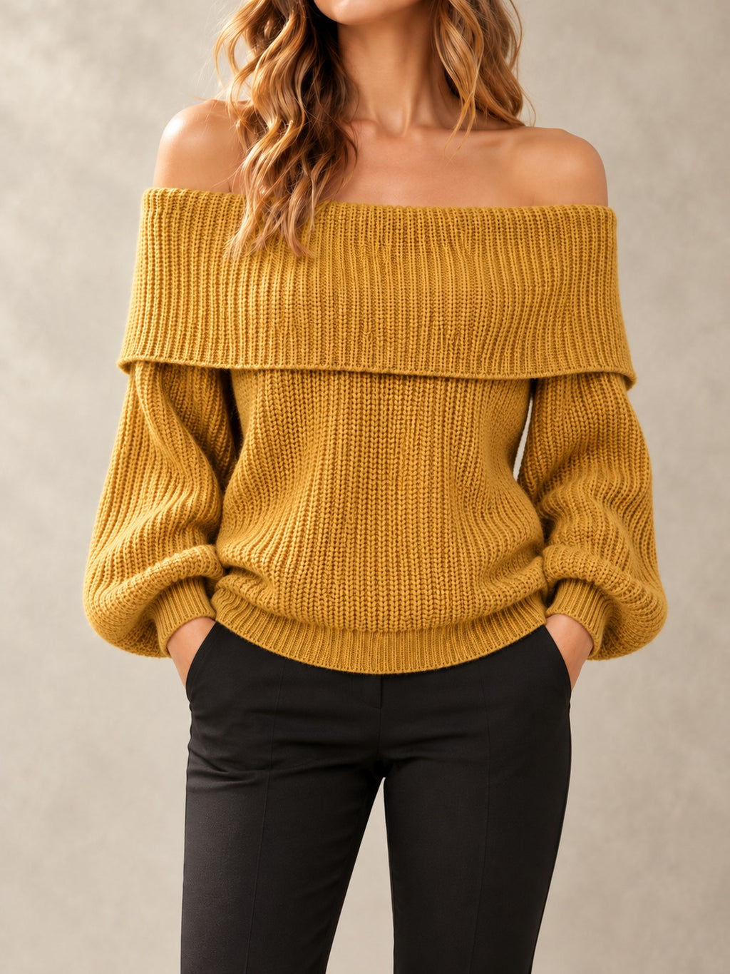 Off-the-Shoulder Knit Sweater in Dark Yellow, full-length front view