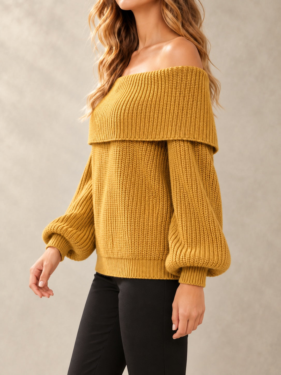 Off-the-Shoulder Knit Sweater in Dark Yellow, side view