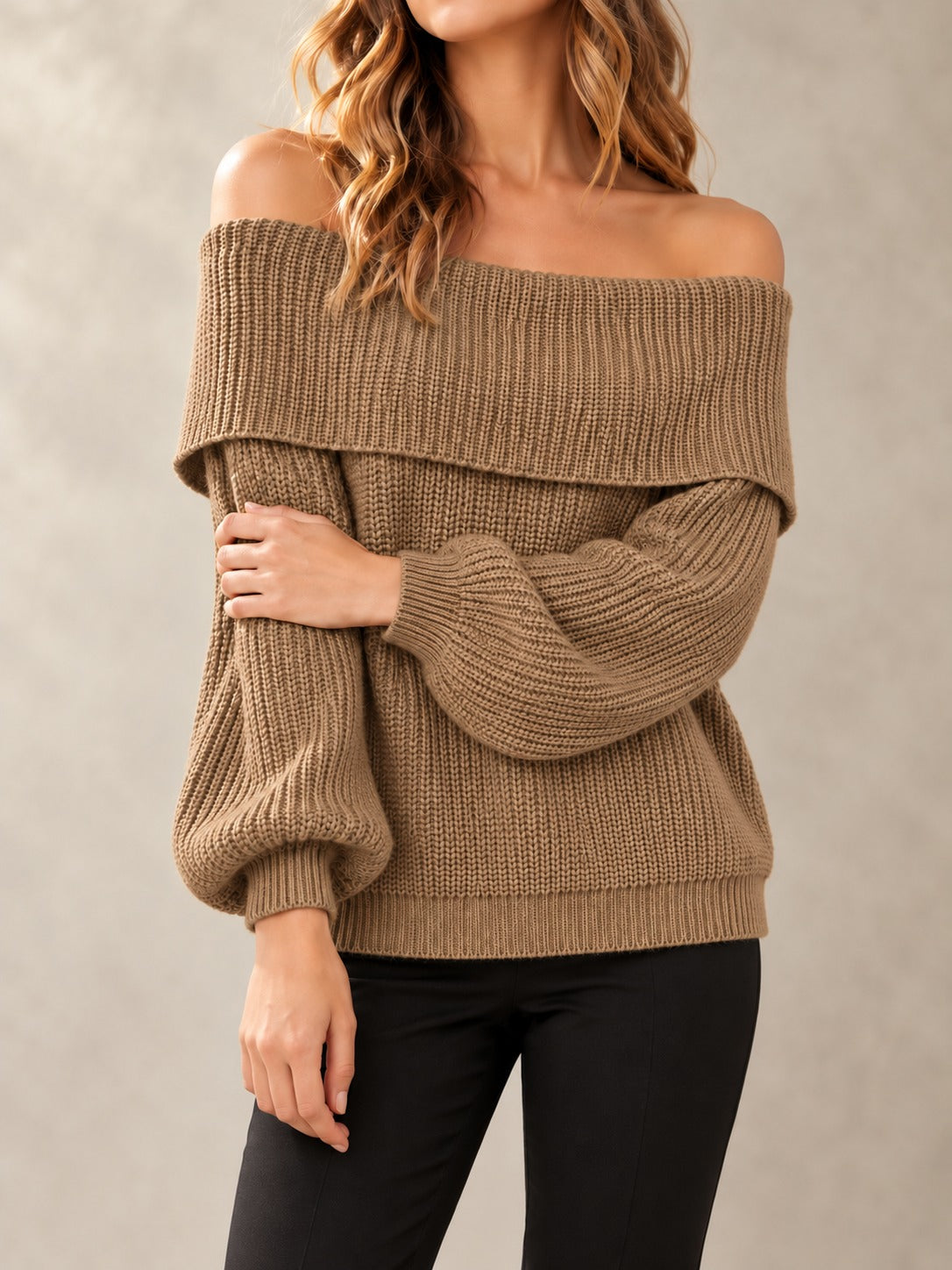 Off-the-Shoulder Knit Sweater in Khaki, front view