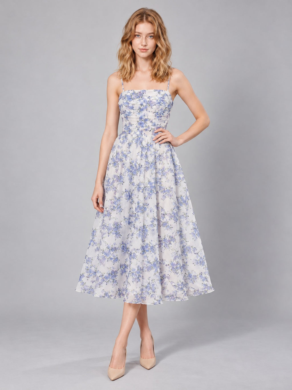 Chiffon Off-Shoulder Evening Dress in Blue, front view