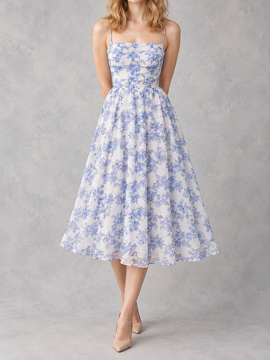 Chiffon Off-Shoulder Evening Dress in Blue, front view