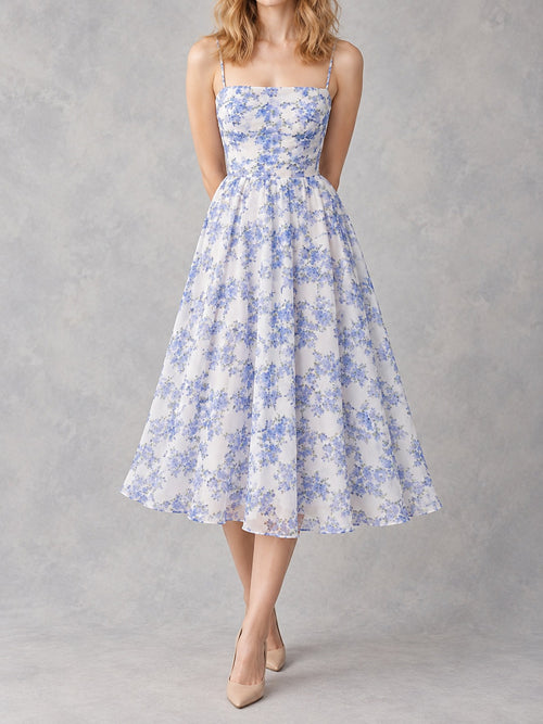 Chiffon Off-Shoulder Evening Dress in Blue, front view