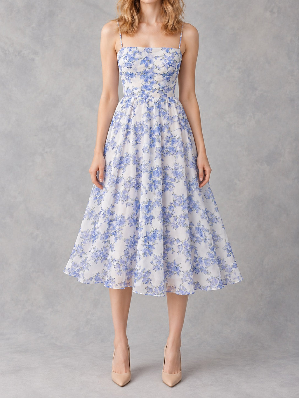 Chiffon Off-Shoulder Evening Dress in Blue, full-length front view