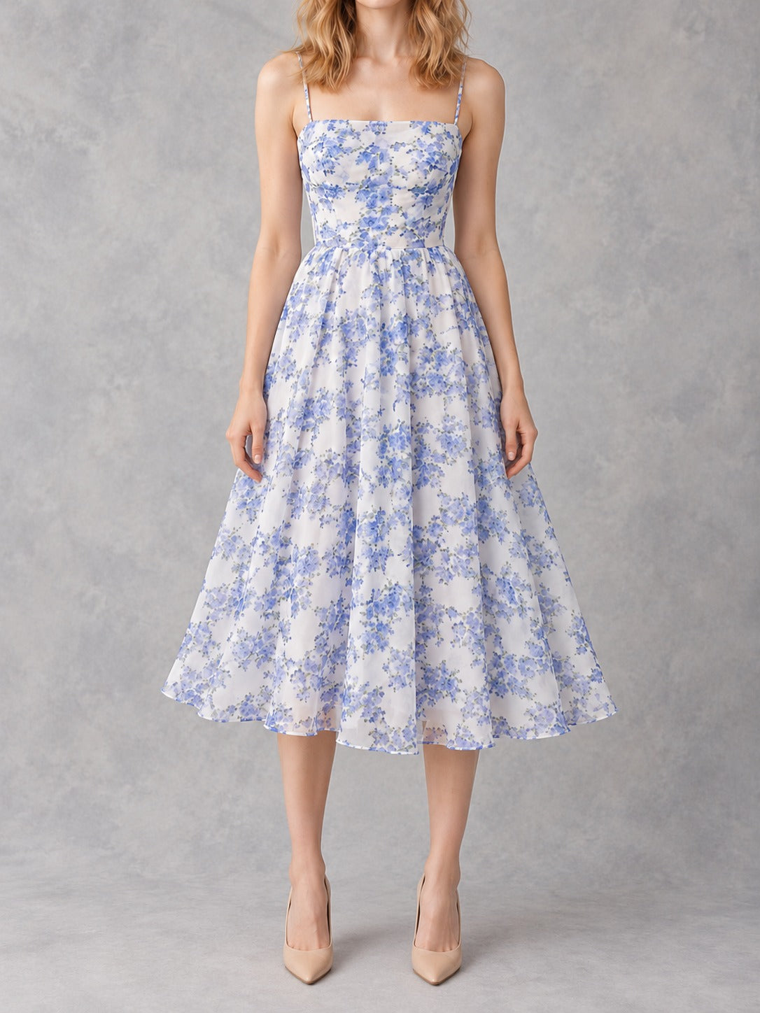 Chiffon Off-Shoulder Evening Dress in Blue, full-length front view