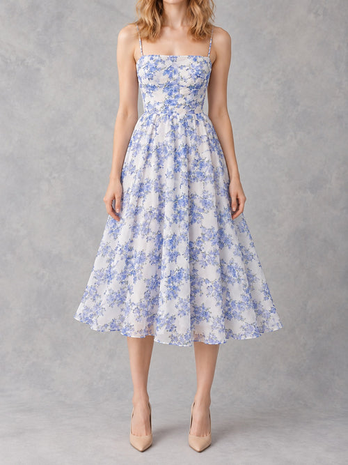 Chiffon Off-Shoulder Evening Dress in Blue, full-length front view