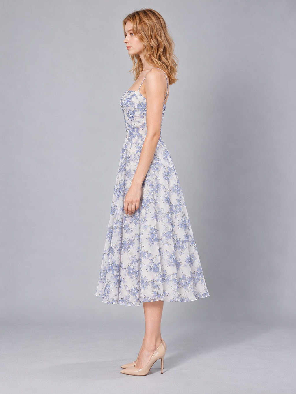 Chiffon Off-Shoulder Evening Dress in Blue, side view