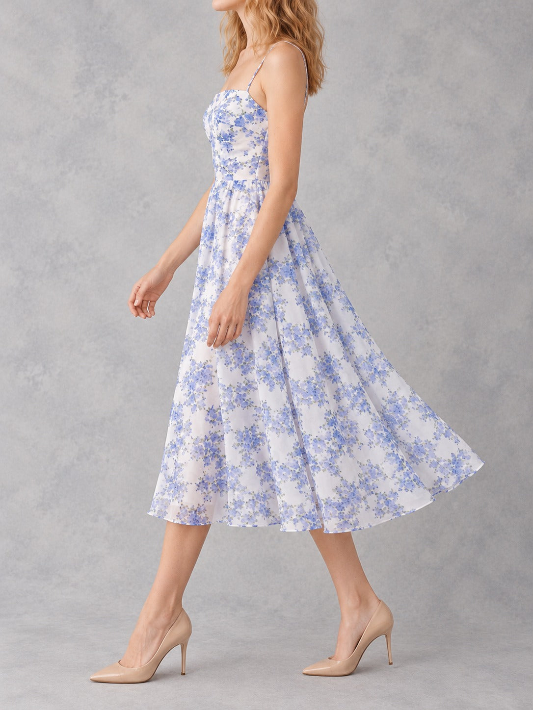 Chiffon Off-Shoulder Evening Dress in Blue, side view