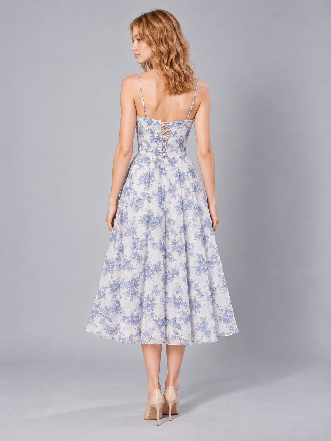 Chiffon Off-Shoulder Evening Dress in Blue, back view