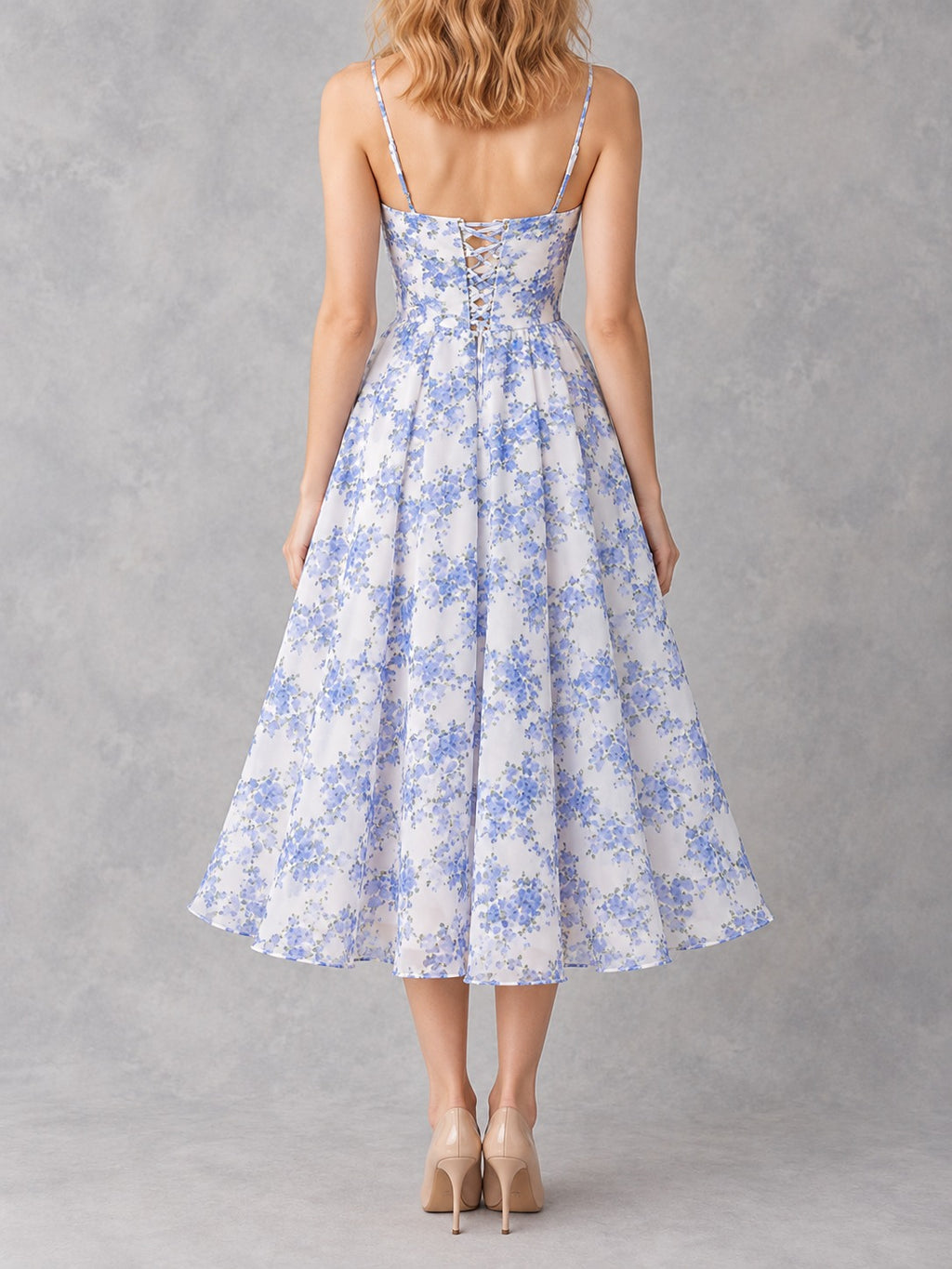 Chiffon Off-Shoulder Evening Dress in Blue, back view