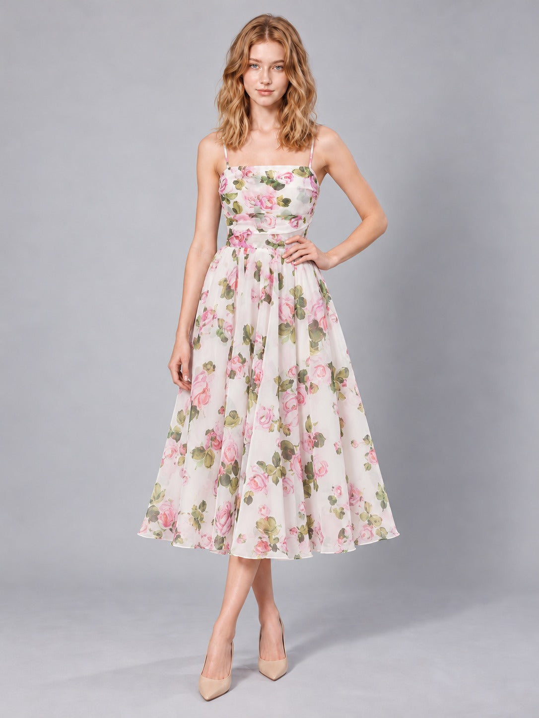 Chiffon Off-Shoulder Evening Dress in Pink Floral, front view