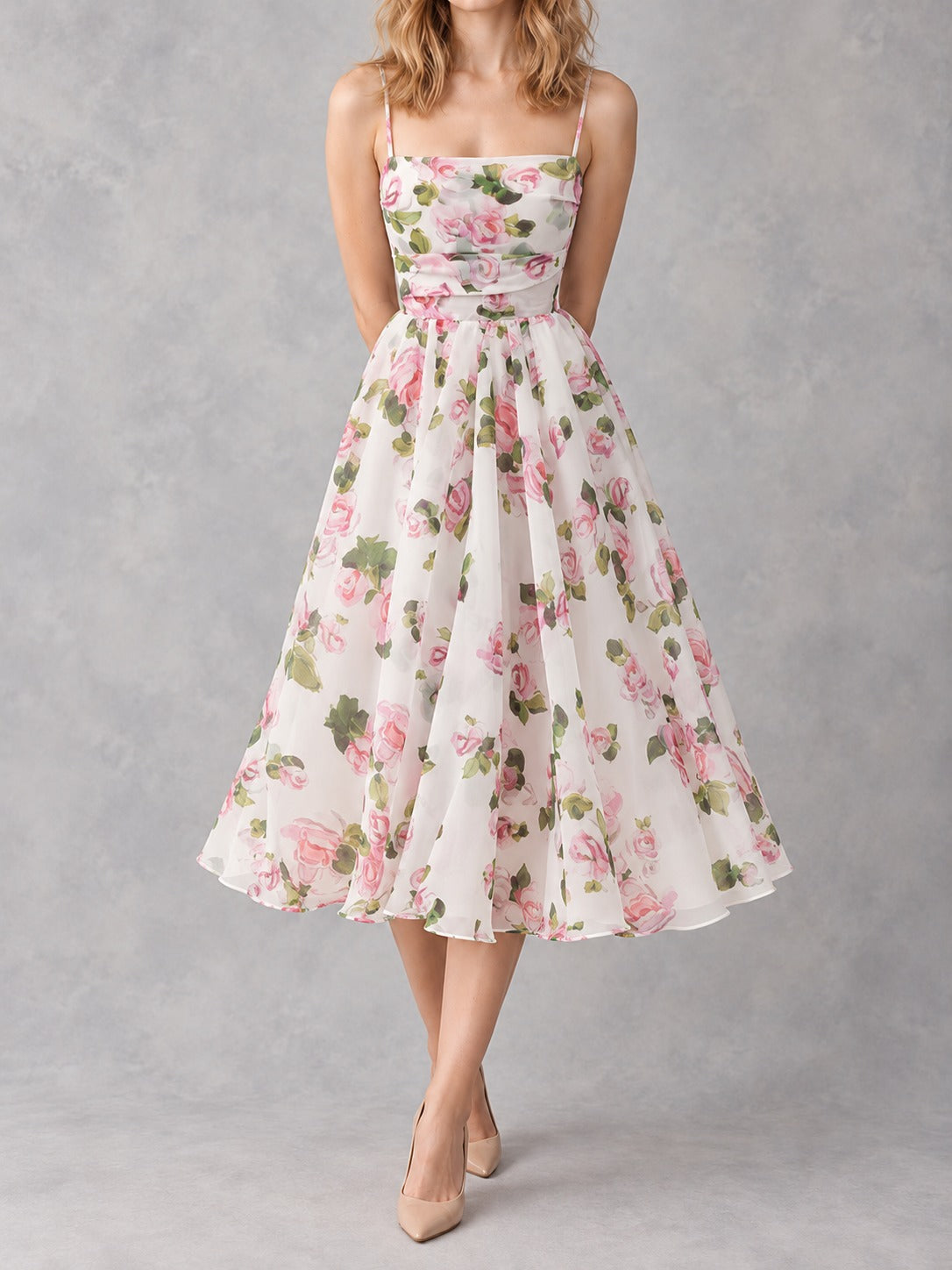 Chiffon Off-Shoulder Evening Dress in Pink Floral, front view