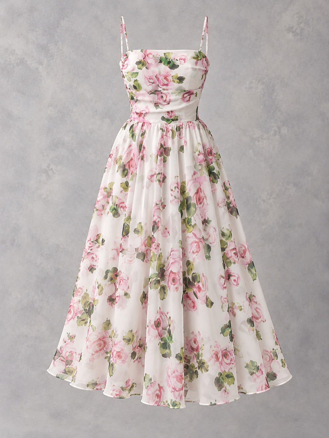 Chiffon Off-Shoulder Evening Dress in Pink Floral, product only