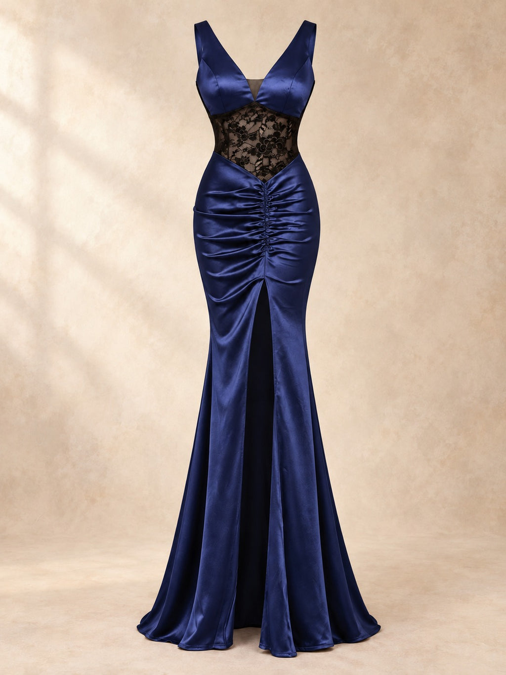 Backless Mermaid Gown with Slit in Navy Blue, product only