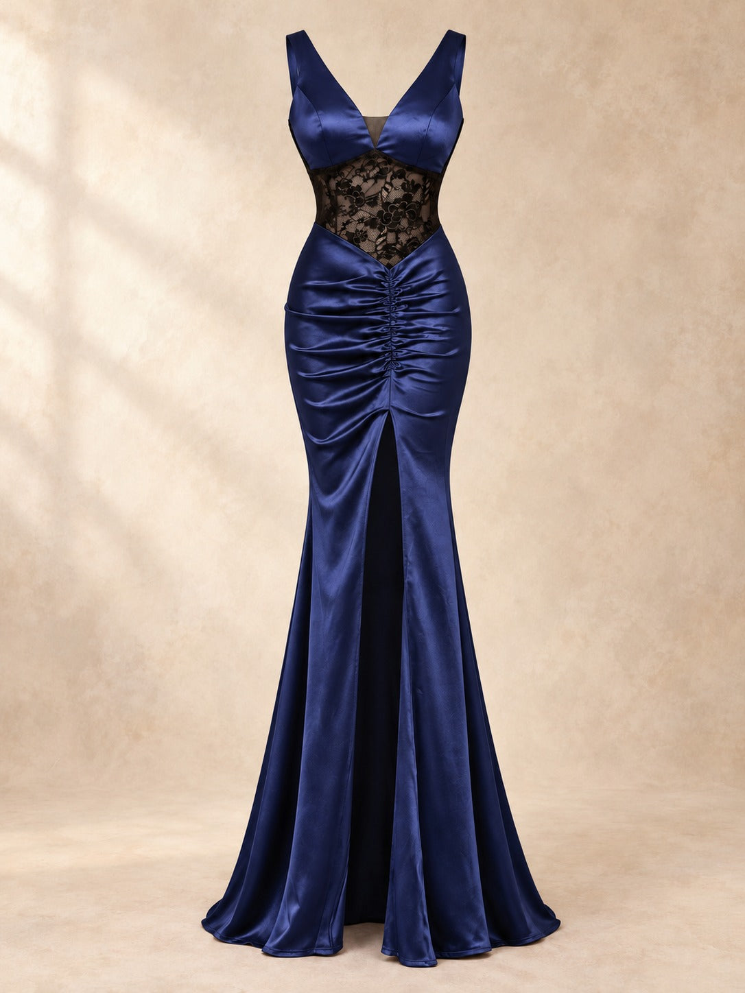 Backless Mermaid Gown with Slit in Navy Blue, product only