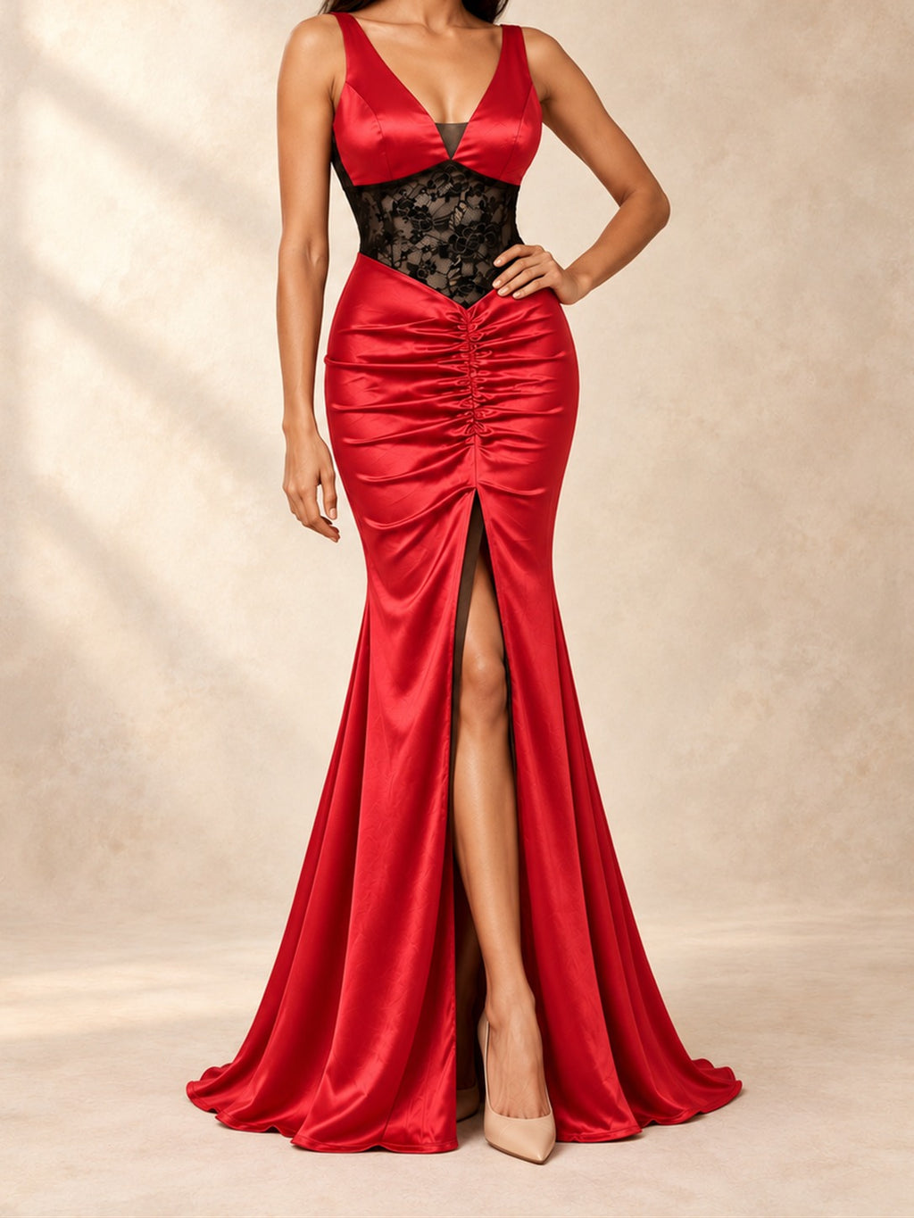 Backless Mermaid Gown with Slit in Red, front view