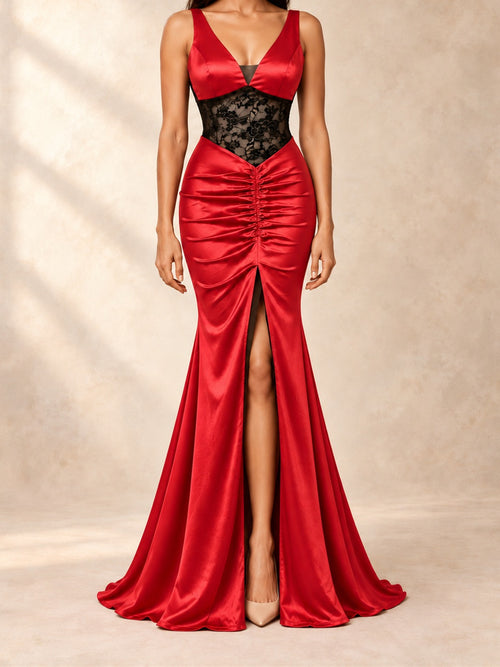 Backless Mermaid Gown with Slit in Red, full-length front view