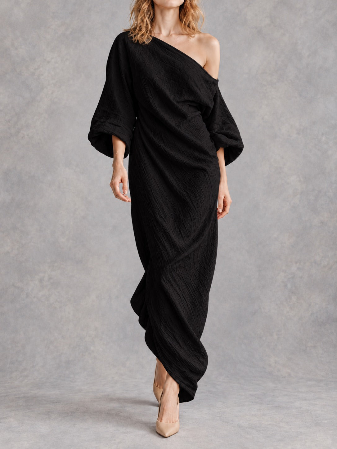 Off-Shoulder Stretch Maxi Dress in Black, front view