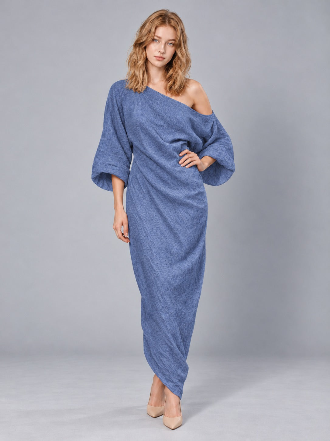 Off-Shoulder Stretch Maxi Dress in Blue, front view