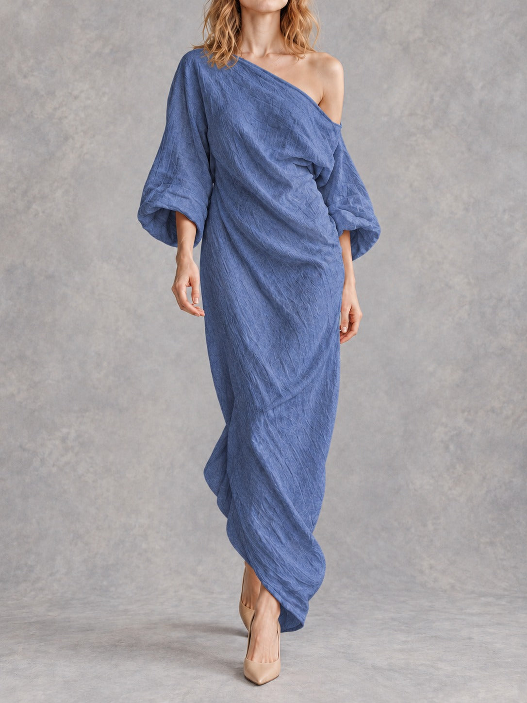 Off-Shoulder Stretch Maxi Dress in Blue, front view