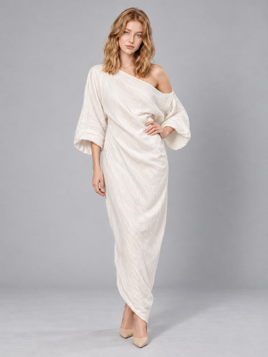 Off-Shoulder Stretch Maxi Dress in Ivory White, front view